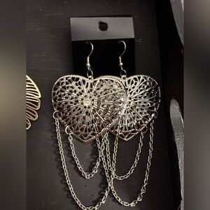 Silver Heart Filigree Dangle Earrings with Chain